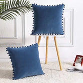 Pack of 2 Pompom Velvet Cushions Navy