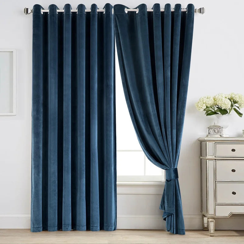 Navy Blue Velvet Curtain Pair
