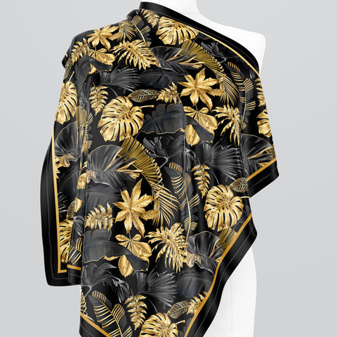 Gold Leaves Silk Printed Scarf 39x39 Inch