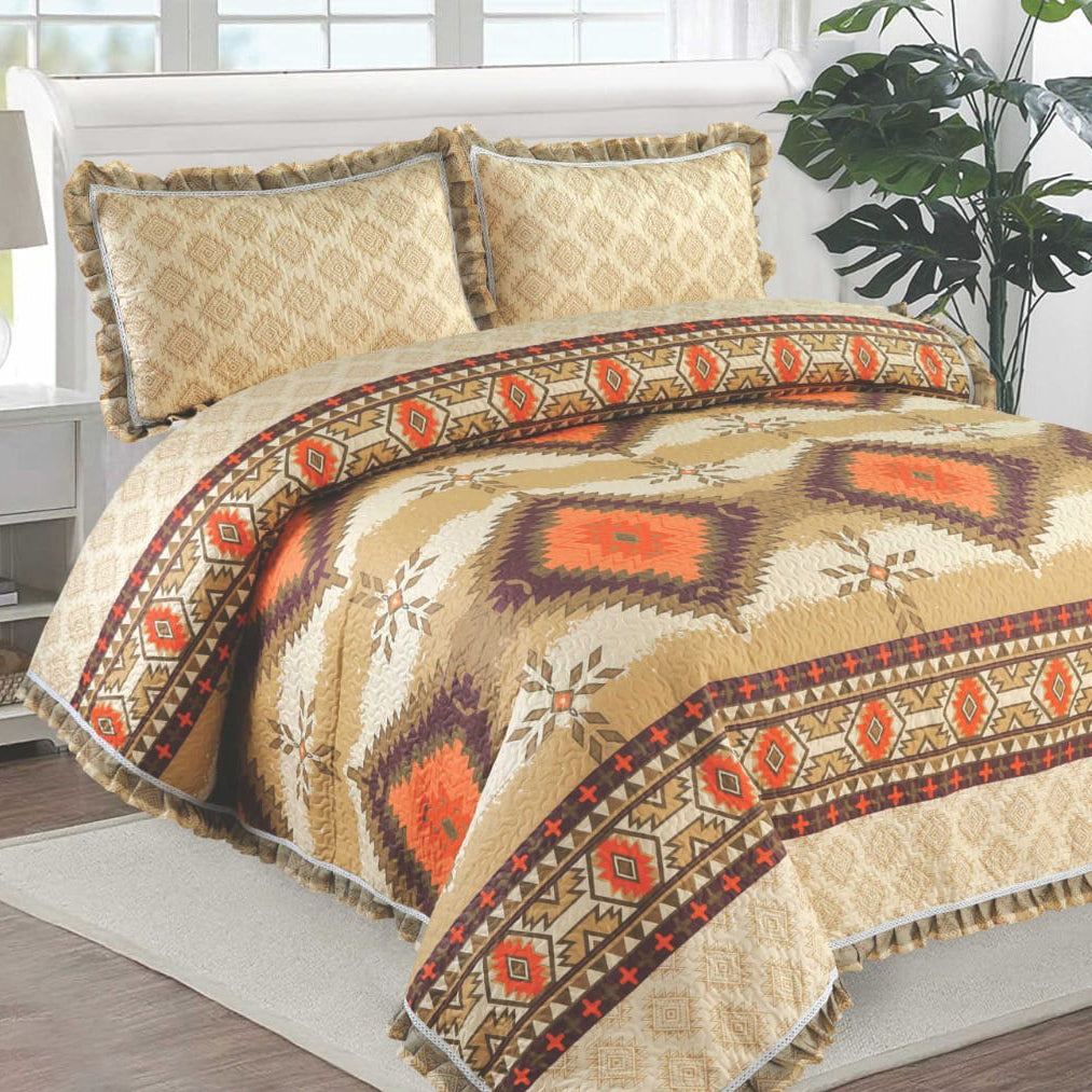 Ikat Brown 3Pcs Printed Bedspread Set