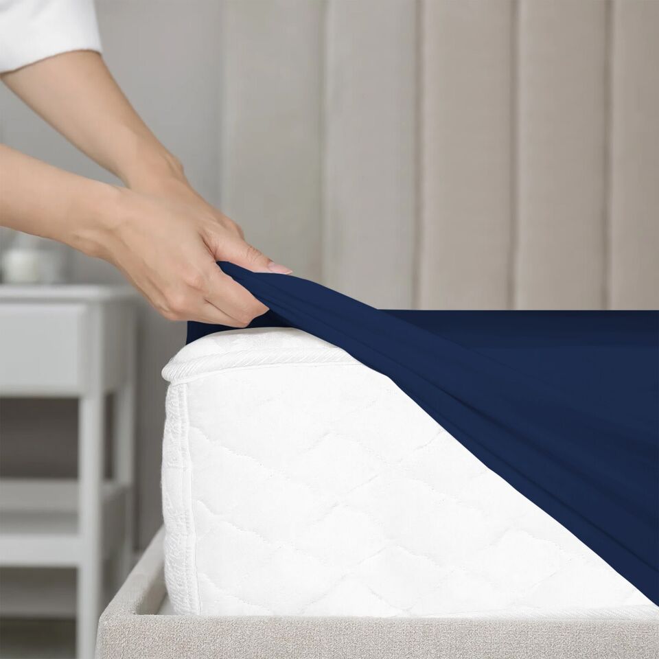 Navy Blue Solid Fitted Sheet Set